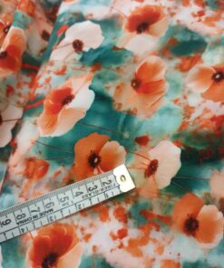 Вискоза оранжевых маки на бирюзовом фоне купить в интернет-магазине в Москве