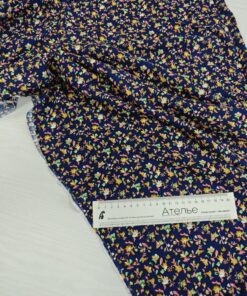 Темно синяя штапельная вискоза с мелкими листочками купить в розницу недорого